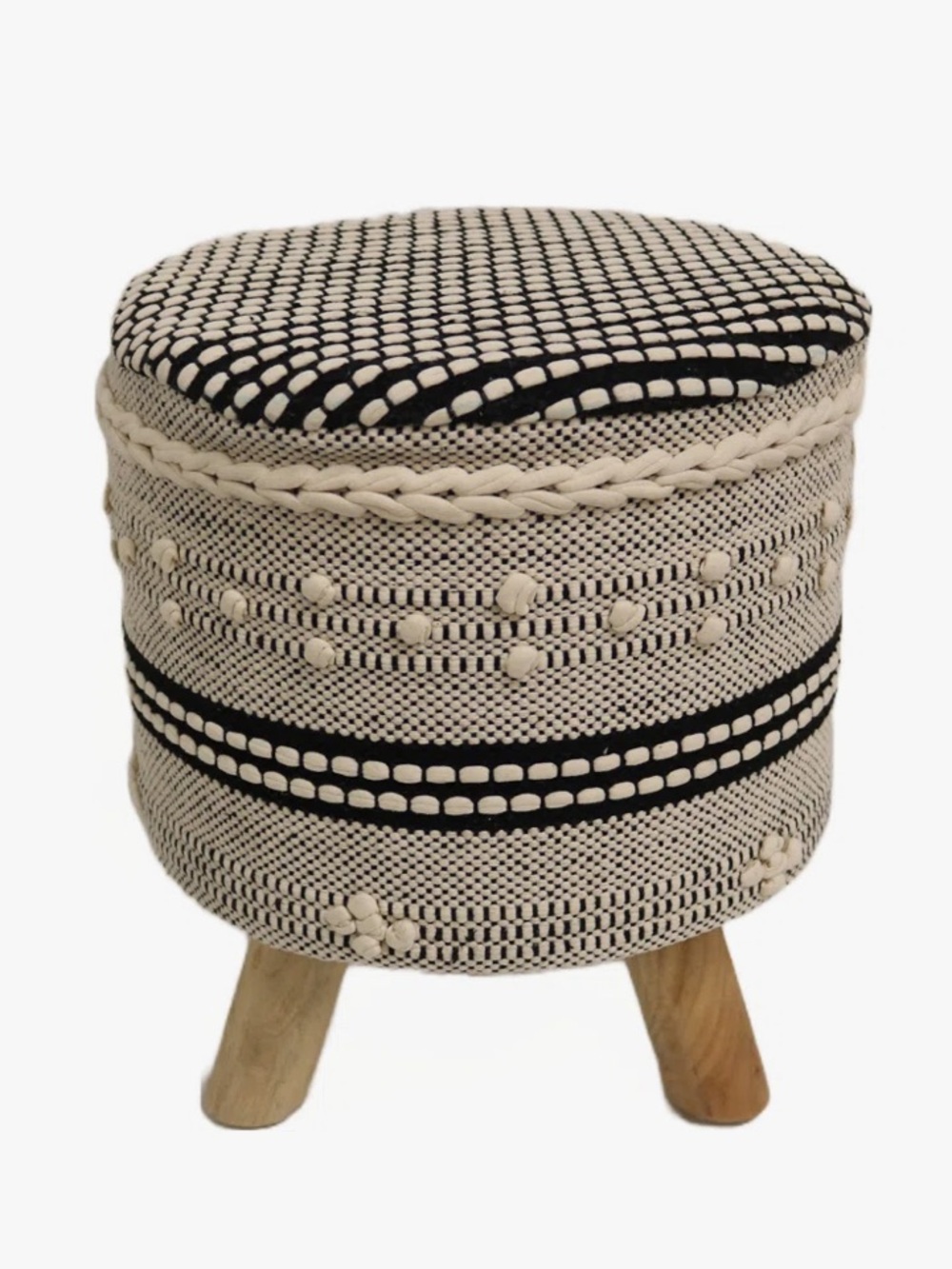 Handcrafted woven boho black and cream Pom Pom wood legs stool seat table NWT - Picture 2 of 14